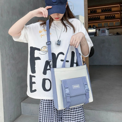 Four Piece Set of Student Backpack for Women in Korean Version Casual Canvas High School Campus with Large Capacity