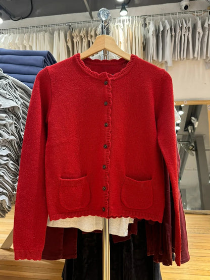 Pockets Gray Knitted Sweater Cardigan Woman Round Neck Long Sleeve Cotton Sweaters Autumn Sweet Preppy Style Knitwear Y2k Top Red One Size