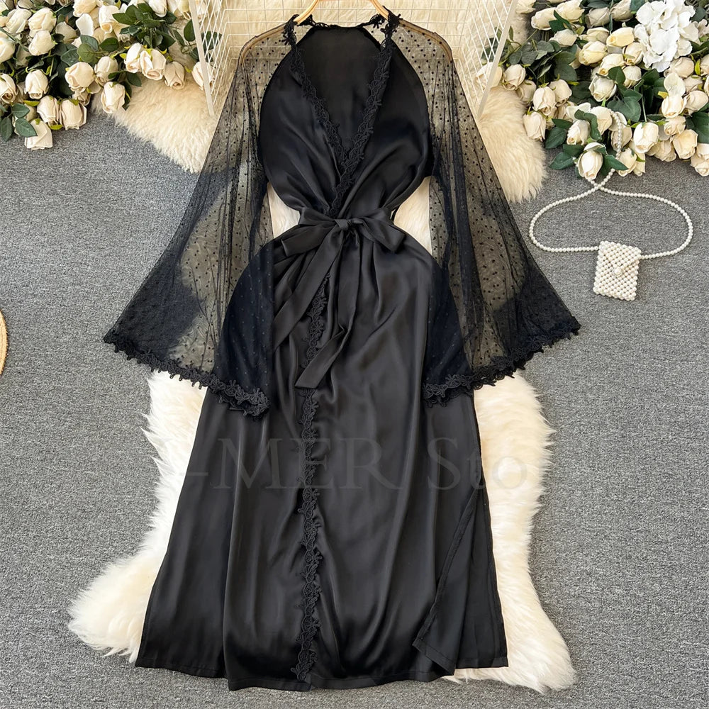 Sexy Embroider Edge Lady Kimono Bathrobe Dress Gown Mesh Sleeve Wedding Long Robe Sleepwear Loose Silk Satin Nightwear Lingerie