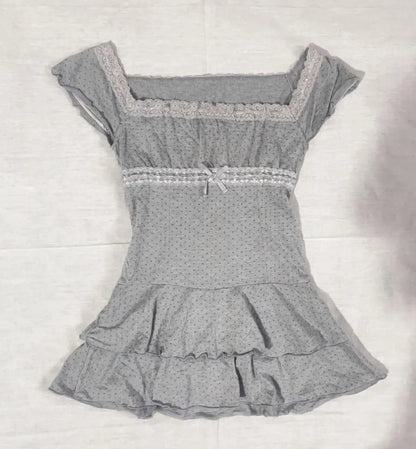 Polka dot Vintage Pink Hot Cute Dress Aesthetic Slim Y2K Short Sleeve Sundress Women Sweet Clothing Fashion Harajuku Lace Frock Gray