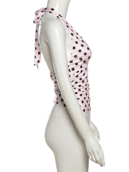 weird Puss Polka Dot Print Vest Women Y2K Lace-Up Backless Halter v-Neck Skinny Summer Trend Daily Street Basic Chic Tank Tops