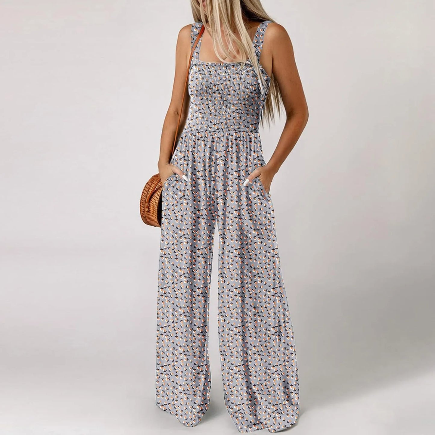 Women'S Suspender Jumpsuits Fashion Trend Pleated Shoulder Straps Printed Pocket Loose Wide Leg Jumpsuits Daily Casual All-Match