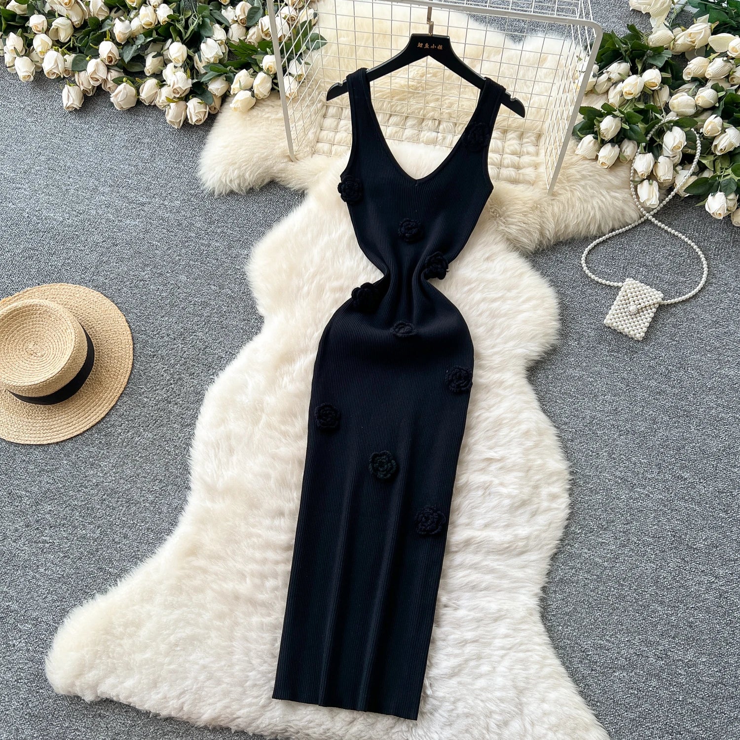 SINGREINY Knitted 3D Flower Chic Dress Sleeveless Slim Solid Elastic Sundress Women Summer Casual Fashion Bodycon Long Dresses