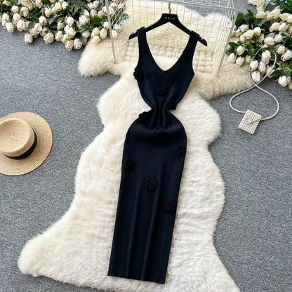 SINGREINY Knitted 3D Flower Chic Dress Sleeveless Slim Solid Elastic Sundress Women Summer Casual Fashion Bodycon Long Dresses