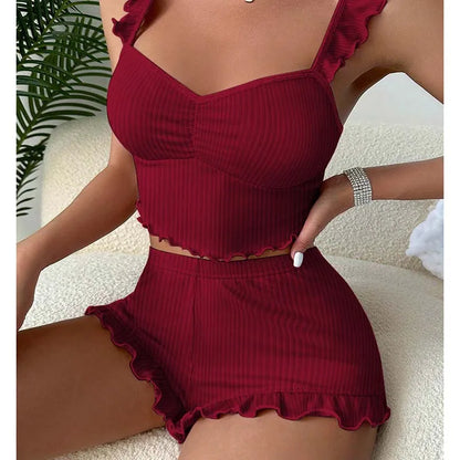 Women's Two-Piece Pajamas Set Summer Sexy Solid Ruffles Camisole And Shorts Pyjamas Set Sleepwear Red
