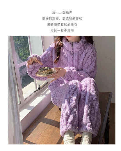 Large Size Flannel Pajamas Set Autumn Winter Female Sleepwear Trouser Suit Thicken Coral Fleece High Collar Lounge Wear Homewear
