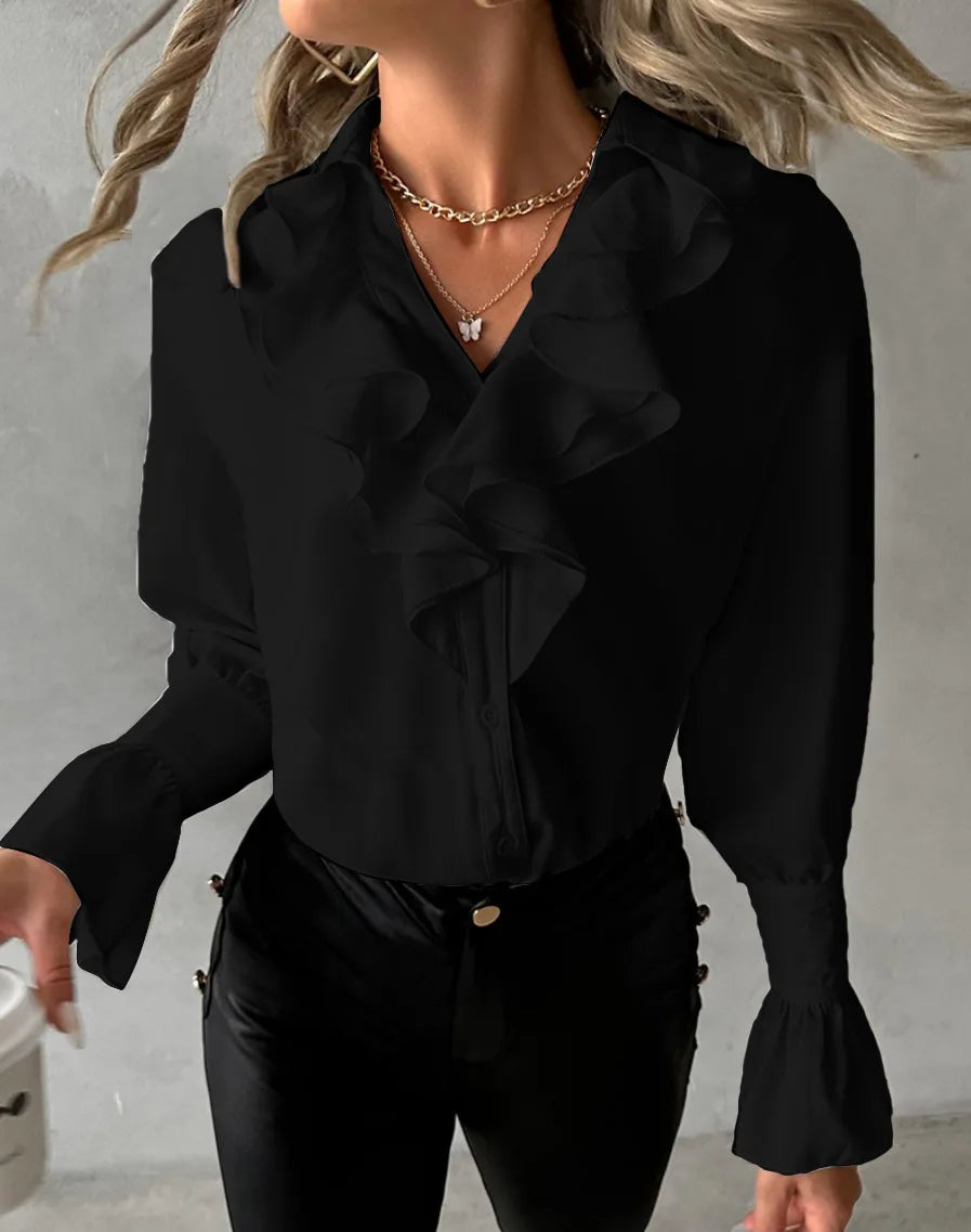 Women Elegant Solid Chiffon Blouse Spring Summer Casual Long Sleeve V Neck Loose Shirt Office Lady Tunics Oversized Tops 2024 black