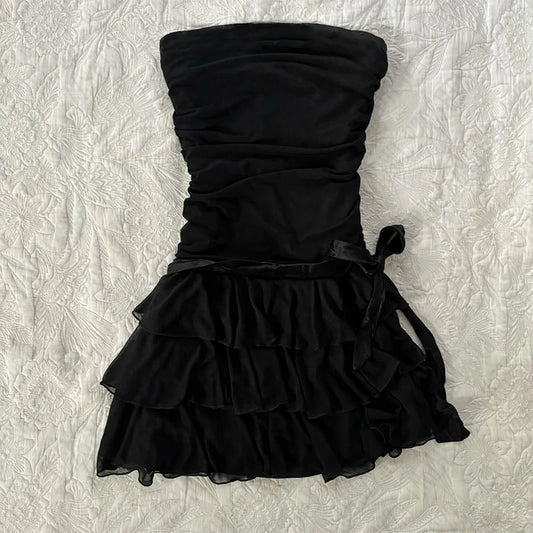 Y2K Women's dress cute solid color retro lace streetwear Harajuku aesthetic sweet bow summer new fashion casual Strapless dressr black
