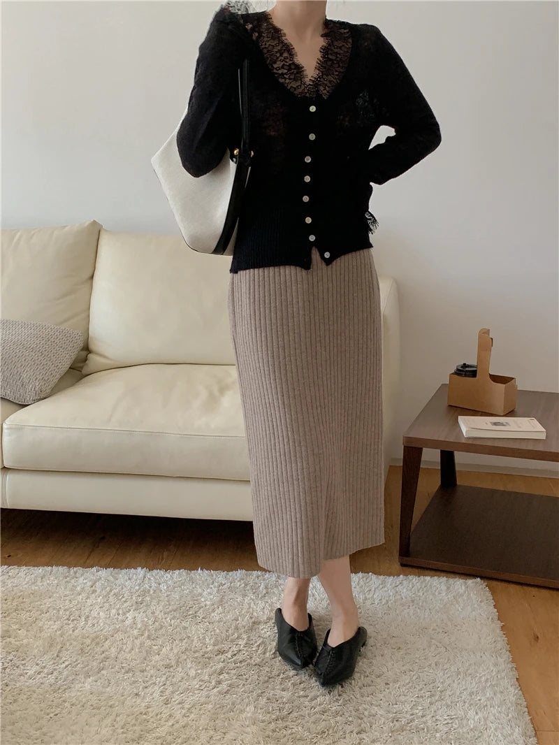 High-fashion Kawaii Botton Up Lace Patchwork Knitted Cardigan Women Autumn Winter Ladies Elegant Vintage Sweater Cheap Wholesale