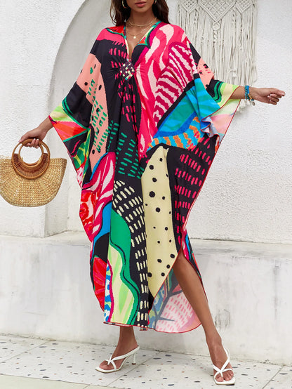 Plus Size Women Floral Print Kaftan Dresses Plus Size Swimsuit Coverup Summer Bathing Suit Caftan Loungewear Beach Dress 5DB245-3 One Size