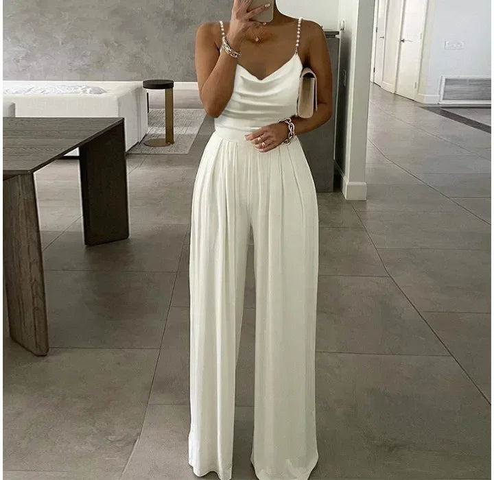 Sleeveless Jump Suits for Women Streetwear 2023 Autumn Pearl Suspender Wide Leg V-neck Backless Long Pants Jumpsuits of Female Badiee Stylez