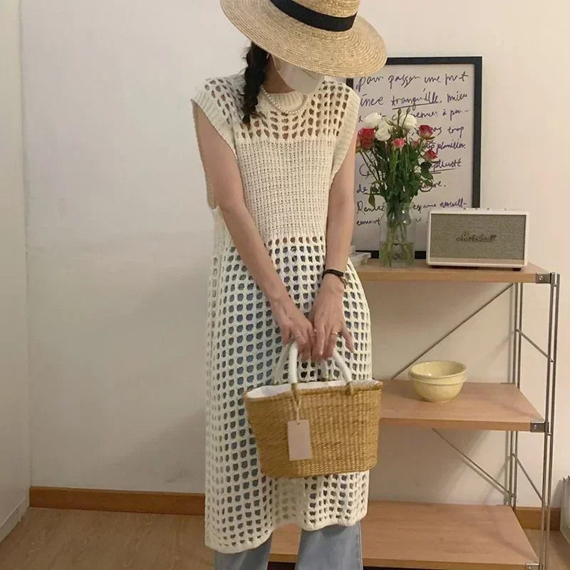 TKNOLEGE Knitted Dress Hollow French Style Fashion O-neck Out Design Sleeveless Solid Casual Tender Holiday Chic Ladies Dress ﻿