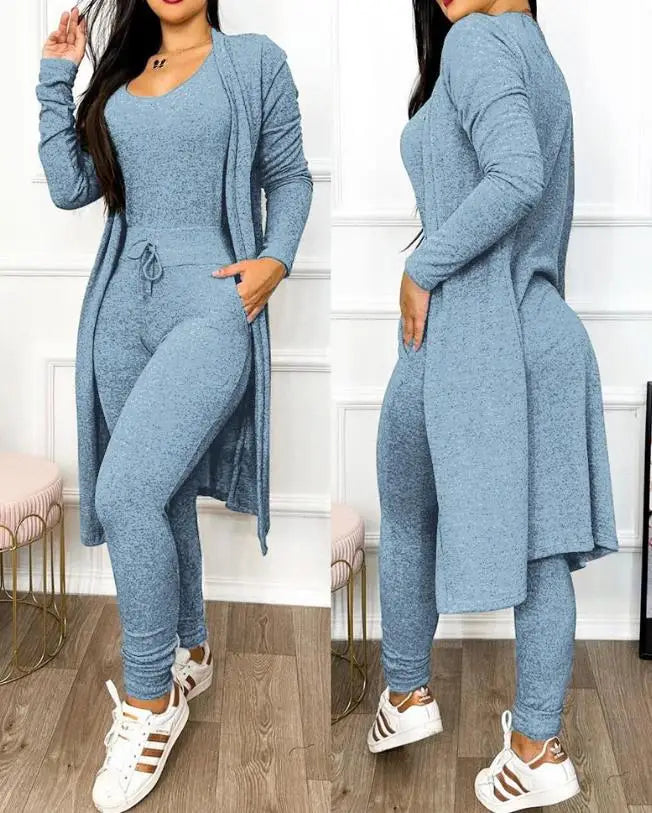 Two Piece Set Women Outfit 2023 Spring Fashion Drawstring Pocket Design U-Neck Sleeveless Skinny Jumpsuit & Long Sleeve Coat Set E