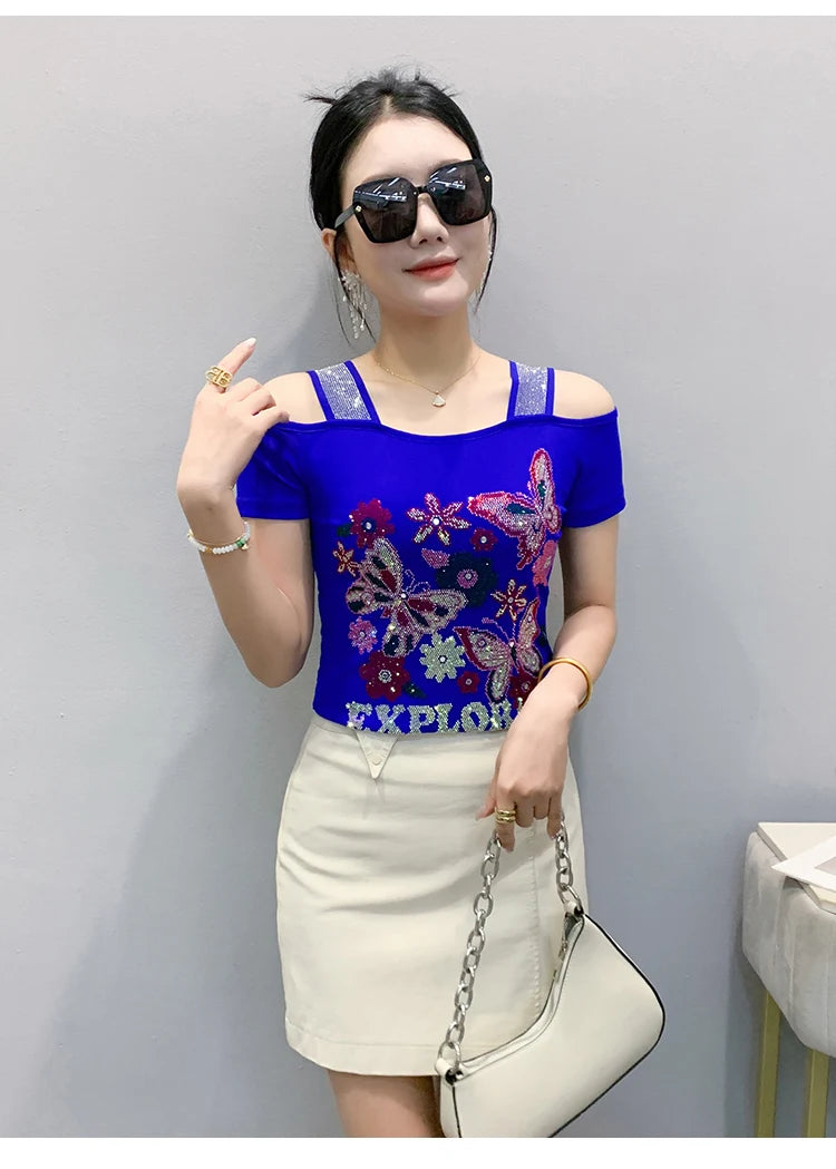 New Arrival Summer European Clothes Women's T-Shirts Chic Luxury Butterfly Hot Diamonds Tees Sexy Girl Slim Streetwear Tops