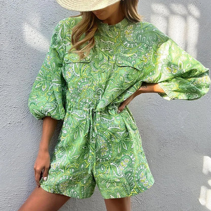 BAMBOOBOY Women Summer Long Sleeve Playsuit with Waist Elastic Band Casual Stand Collar Pocket Loose Wide Leg Short Jumpsuit green