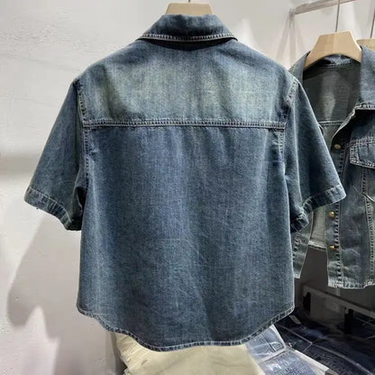 Denim Shirt Women's Summer 2024 New Turndown Collar Loose Casual Short Jacket Fashion Short Sleeved Single Breasted Thin Top