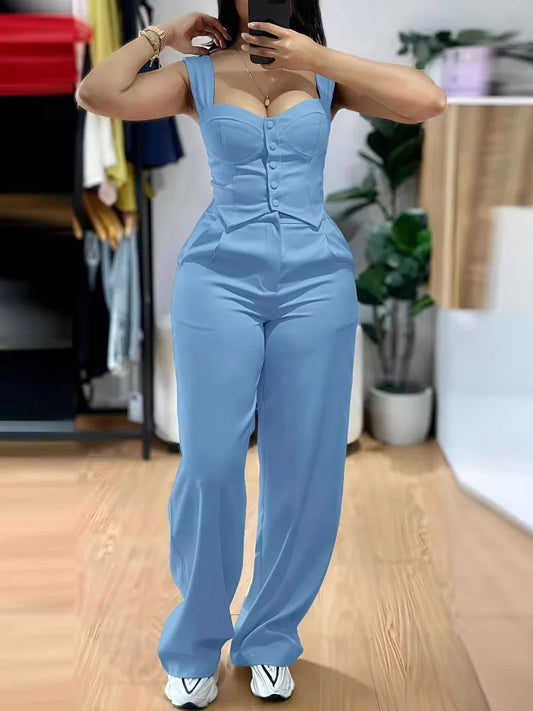 Chic Women Suit Y2k Sexy Two Piece Set Summer Sleeveless Slim Vest And Wide-leg Trouser Sets Elegant Solid Pants Women's Outfit SKY BLUE