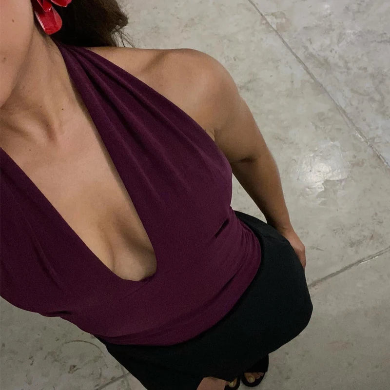 TRAF Halter Top Women Off Shoulder Deep V-Neck Crop Top y2k Sexy Backless Tank Top Street Style Casual Women's Summer Tops 2025