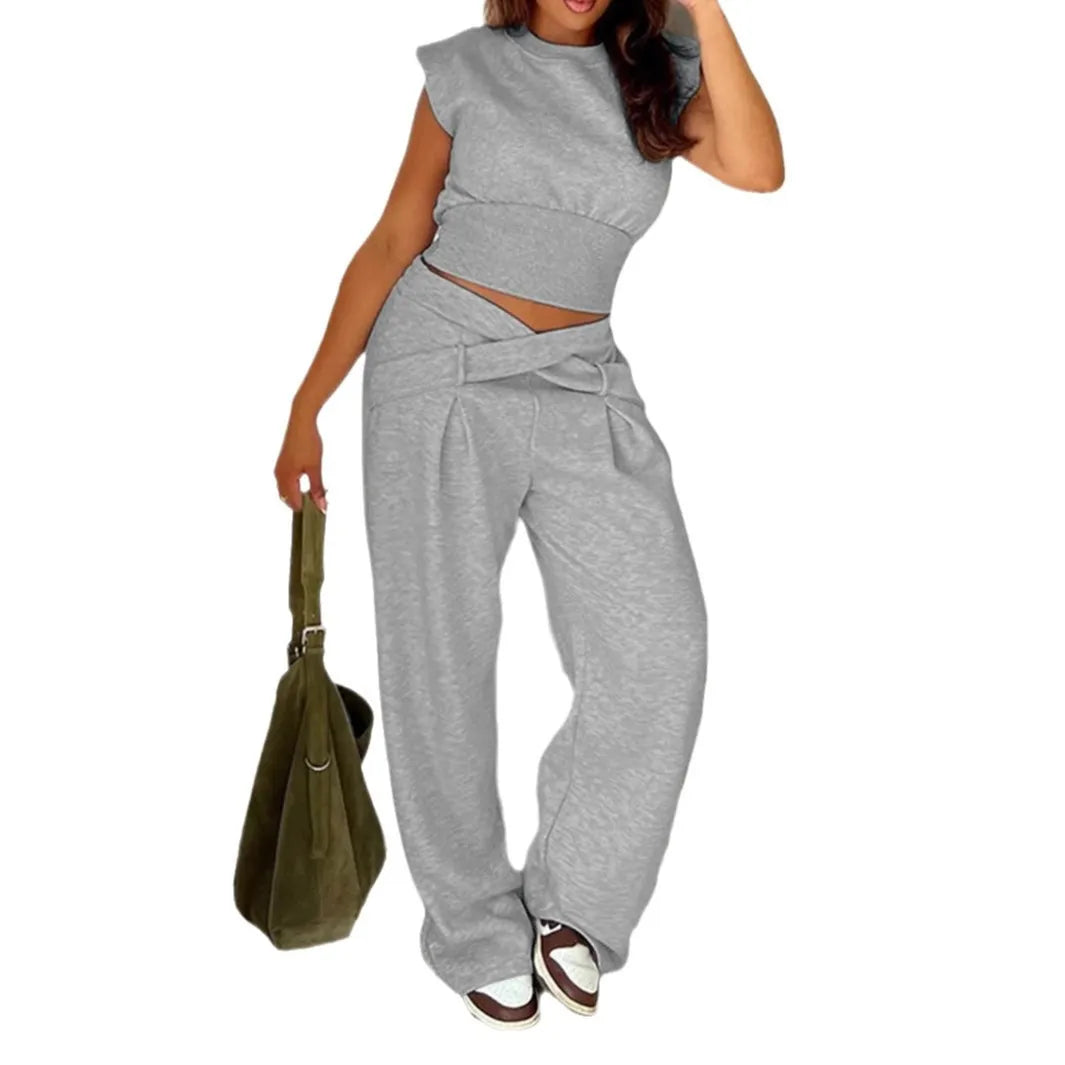 Women Plus Size Two Piece Set Daily Grey Casual Round Neck Casual High Street Waistcoat Pocket Pull-On Waist Two Piece Pant Sets