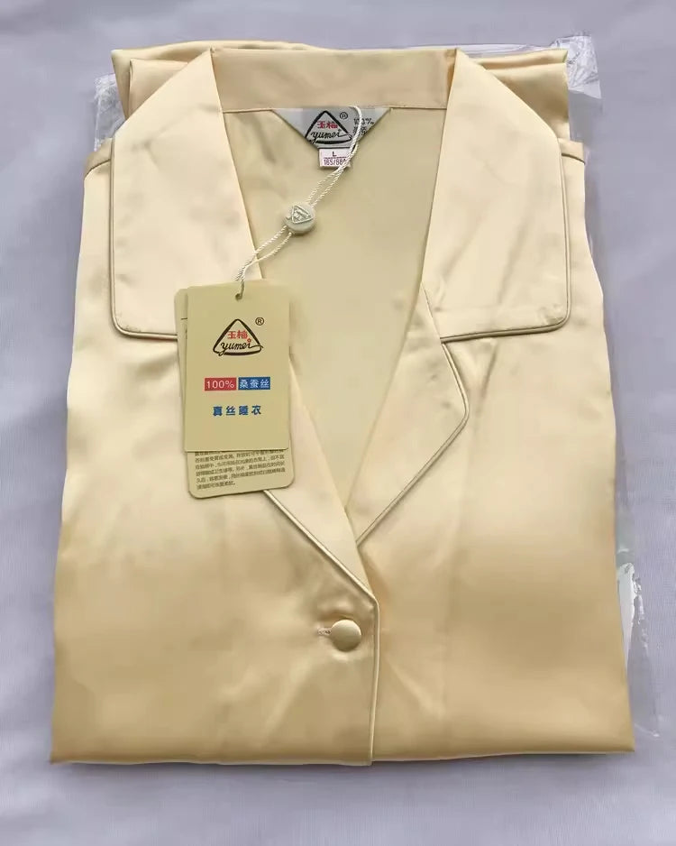 100% Pure Silk Women's Classical Pajama Set Sleepwear Nightgown M L XL YM007 light yellow