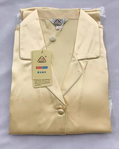 100% Pure Silk Women's Classical Pajama Set Sleepwear Nightgown M L XL YM007 light yellow