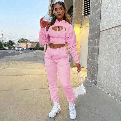 Women 3 Pieces Sets Sweatpants and Hoodie Set Cropped Tops Fleece Pants Suit Tracksuit Fitness Sport Jogger Outfit Clothing Pink