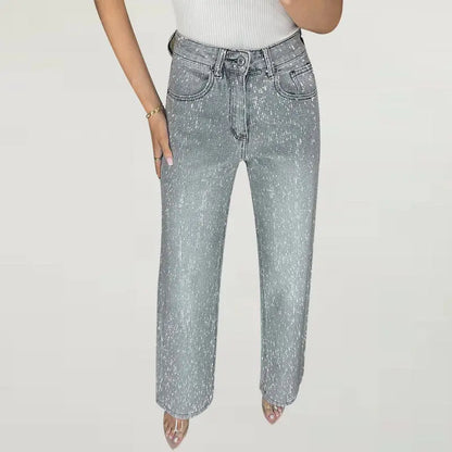 Y2k Women Shiny Rhinestone Denim Pants Wide Leg Straight Full Diamond Jeans for Female Dragging High Street Outwear Trousers