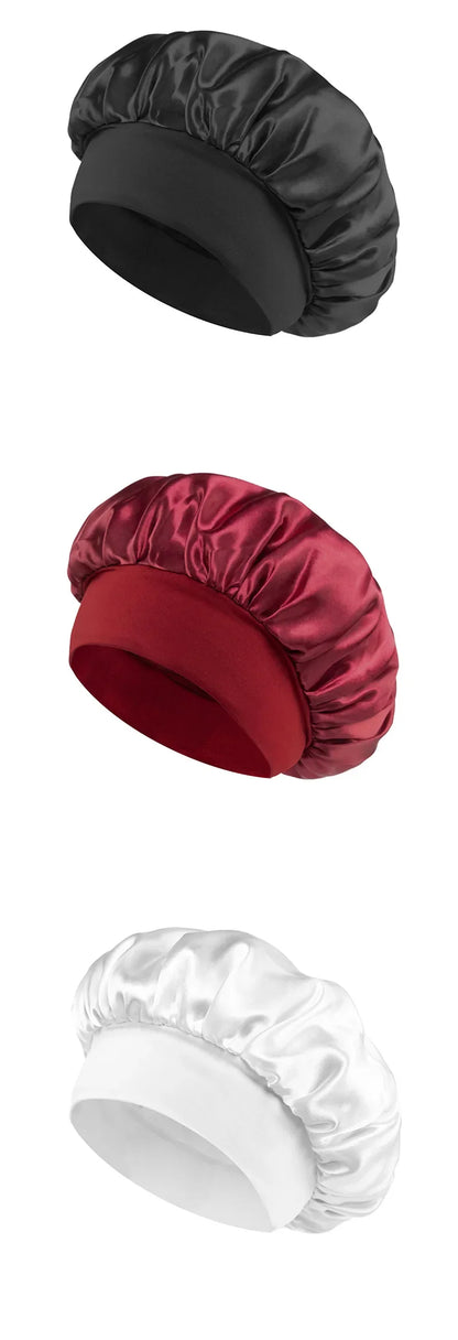 Women Satin Bonnet Hair Bonnet for Sleeping Hair Care Silk Bonnets Solid Wide-brimmed Sleeping Hat with Elastic Soft Band Badiee Stylez