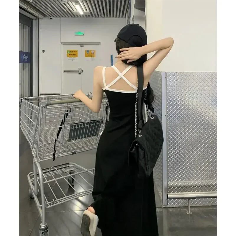 New Fashion Summer Black Loose Slip Dress Off Shoulder Solid Simplicity All-match Sleeveless Dress Temperament Women Clothing