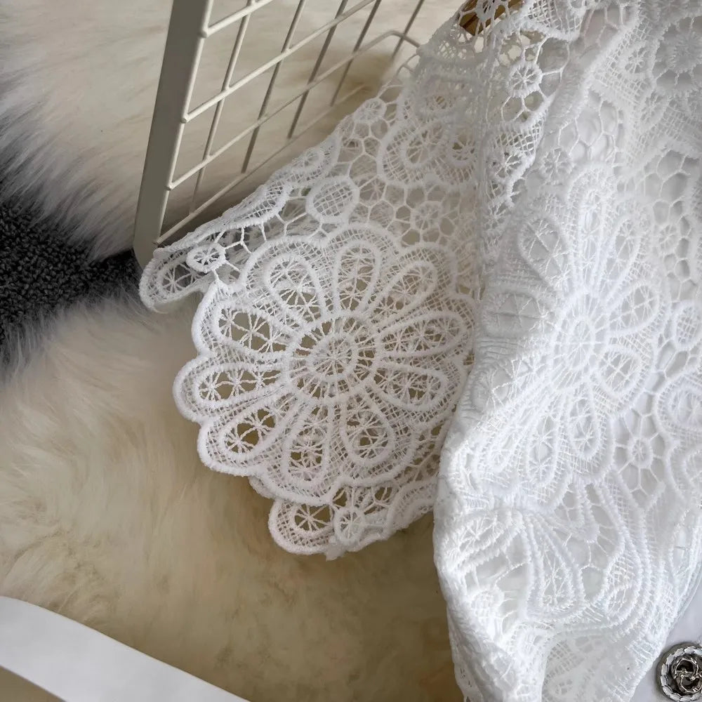 Summer Elegant Crochet Lace Patchwork Chiffon Pleated Dress Women's Short Sleeve Hollow Out Flower Buttons Belt Runway Vestidos