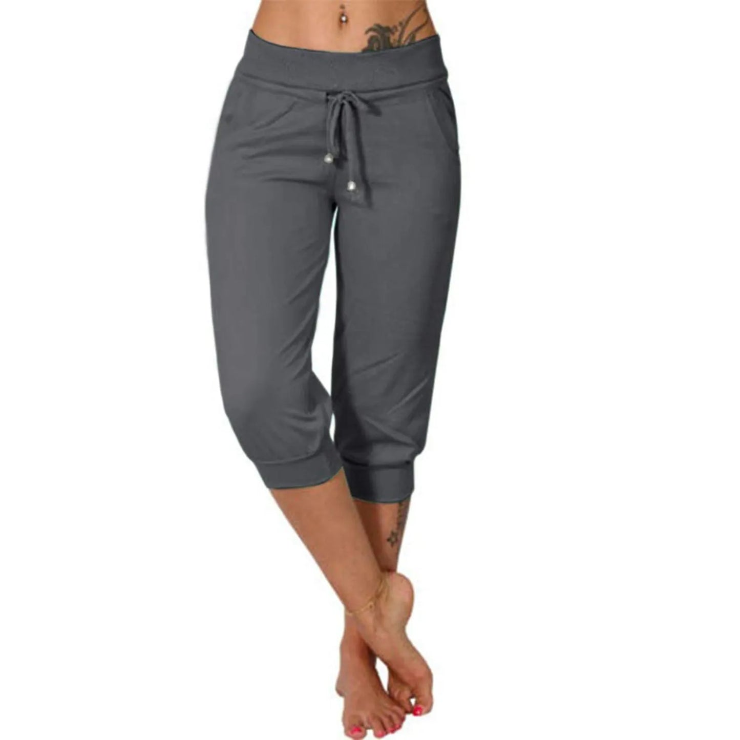Classic Solid Color Jogging Pants Women Cotton Linen Capris Trousers Bandage Double Pocket Pants Summer Beach Vacation Wear Dark Gray