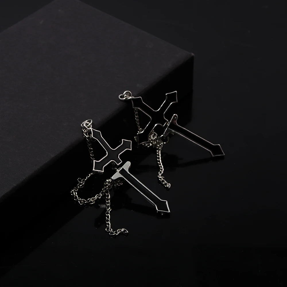 2Pcs Vintage Black Cross Earrings Punk Goth Long Chain Harajuku Streetwear Unisex Stud Earrings For Women Men Korean Jewelry Badiee Stylez