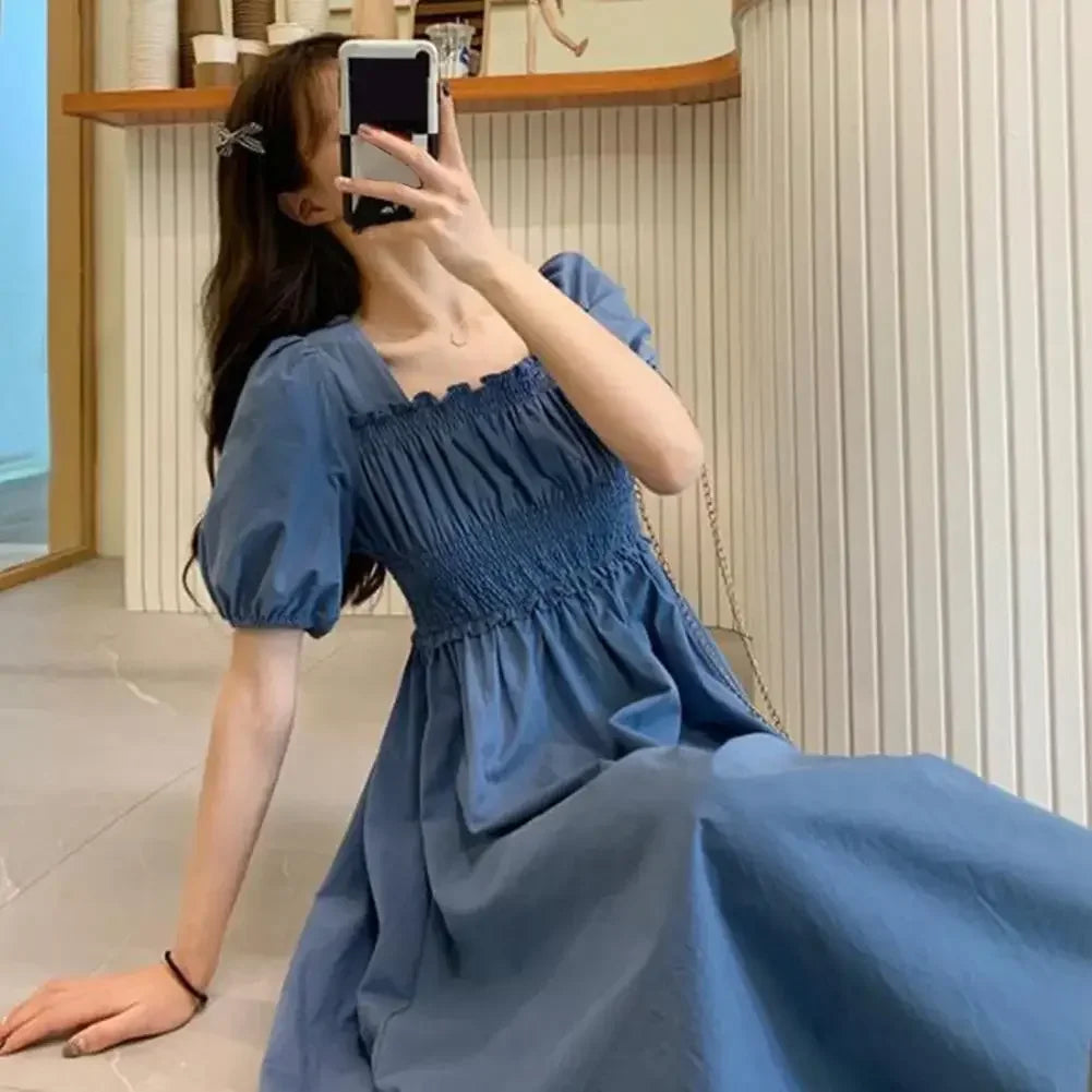 Summer Women Dress Pleated Shirring Square Neck Short Sleeve Bubble Sleeve Ladies Dress Solid Color Loose Hem Midi Dress