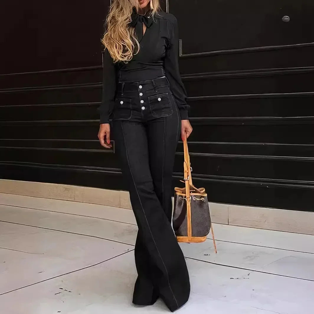 Flare Pants Women Mom Jeans Vintage Wide Leg Pants Denim High Waist Holes Pockets High Street Work Party Club Jeans Elegant Y2k