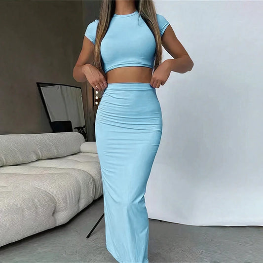 Sexy T-shirt Skirt Two Piece Set Women New Short Sleeve O-Neck Crop Top High Waist Skirt Solid Fashion Suit Streetwear Partywear Blue