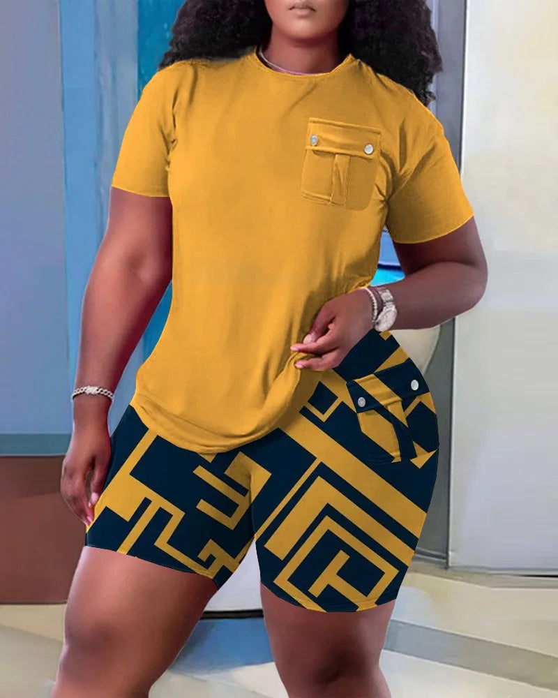 Women Two Piece Shorts Sets Solid Round Neck T Shirts Pockets Elastic Waist Short Trousers Suits Leisure Ladies 2025 Summer H