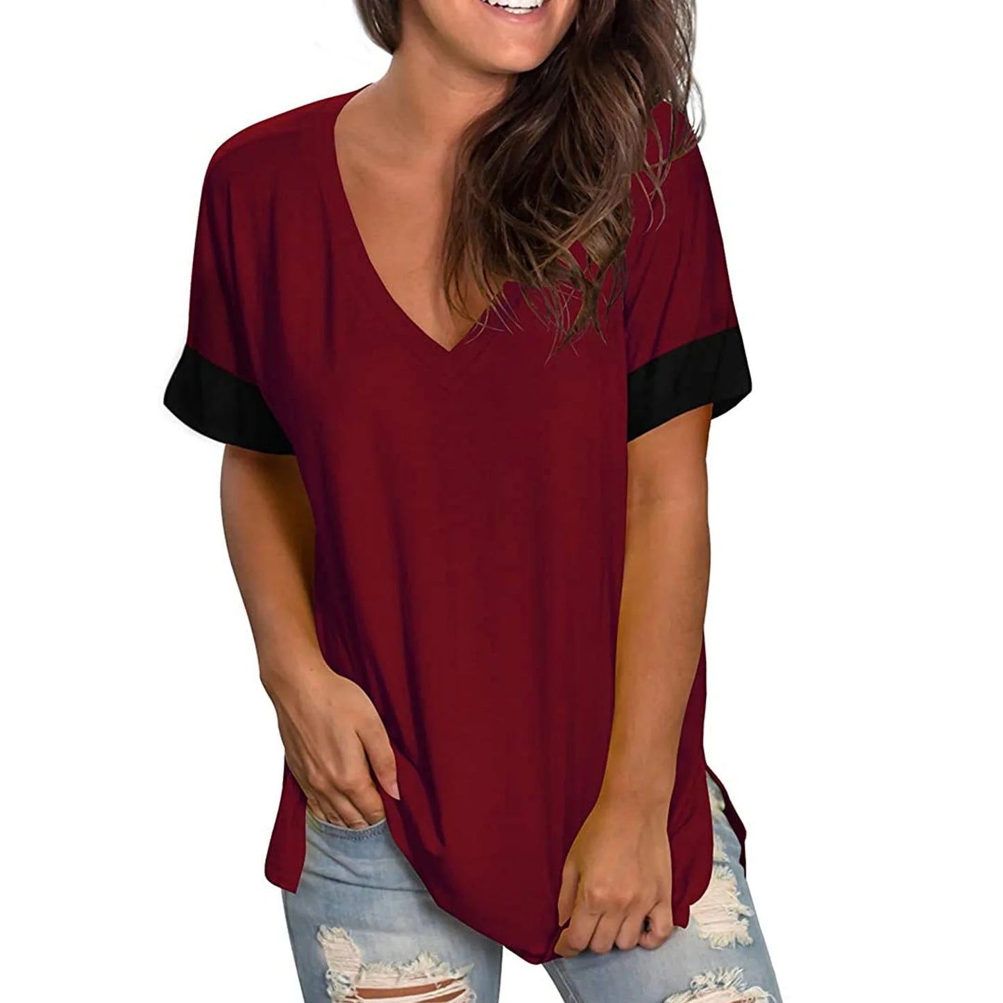2024 Europe and the United States spring and summer cross-border new women's base shirt solid color V-neck short-sleeve stitchin Claret
