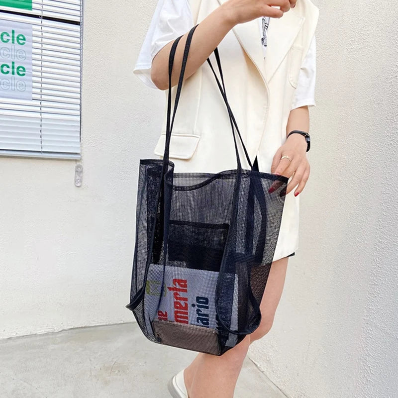 Summer Fashion Mesh Handbag Totes Hollow Out Shoulder Bags For Women Female Casual Fashion Large Capacity Shopping Pack