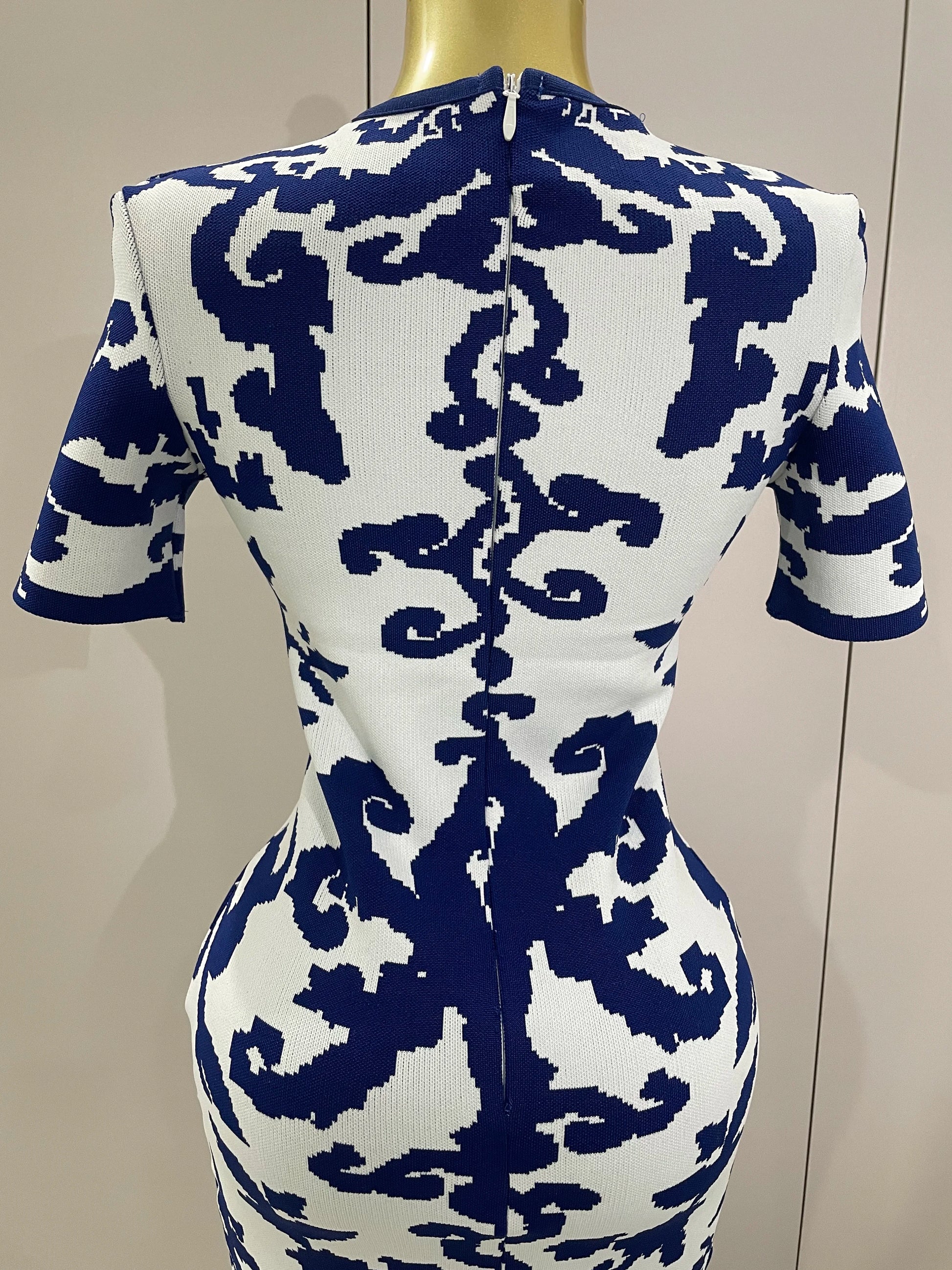 2025 New Sexy Short Sleeve Jacquard Blue Bandage Bodycon Long Dress Women Celebrity Elegant Evening Club Party Luxury Dresses