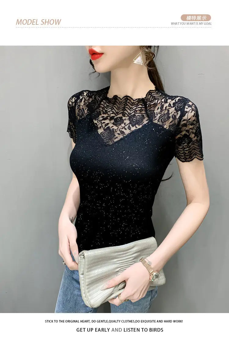 Summer Women Tops Patchwork Bright silk Mesh T shirt Pathcwork Short Sleeve Lace Shirt