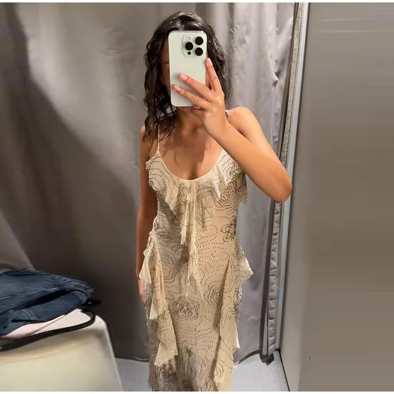 Sexy Beading Ruffle Long Dress Women Embroidery Slip Sleeveless Backless Party Evening Dresses 2025 Summer Lady Shiny Slim Gowns