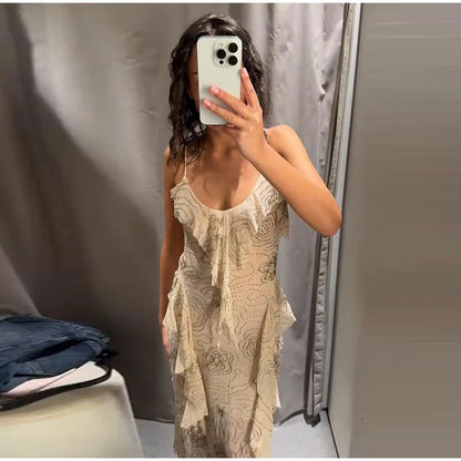 Sexy Beading Ruffle Long Dress Women Embroidery Slip Sleeveless Backless Party Evening Dresses 2025 Summer Lady Shiny Slim Gowns