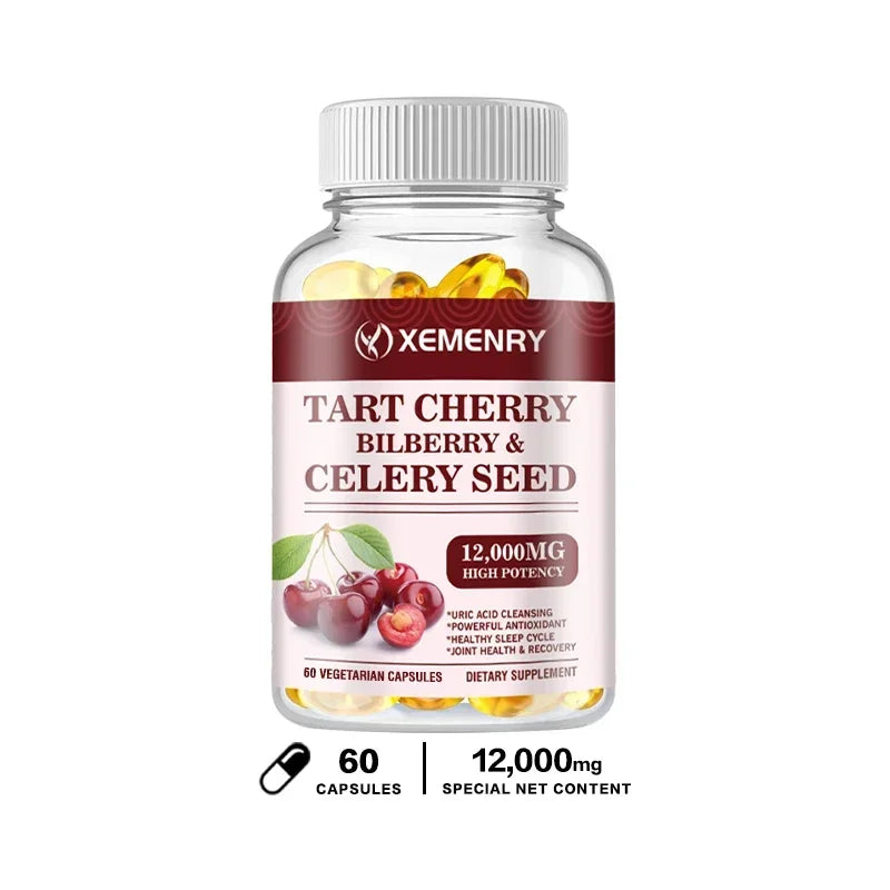 Organic Tart Cherry & Celery Seed Capsules - Uric Acid Cleanse, Support Sleep & Joint Health Muscle Repair Supplement 60 Capsules