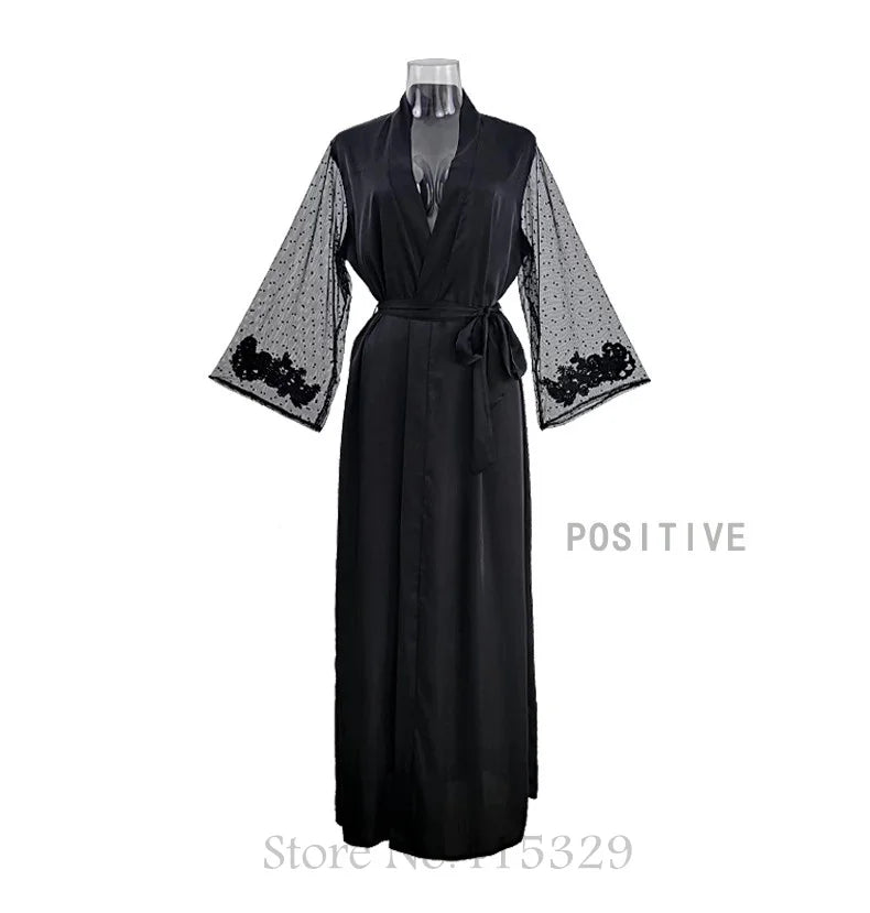 Wedding Bride Robe Set Women Sexy Lace Patchwork Nightgown Long Kimono Bath Gown Loose Suspender Nightdress Intimate Lingerie