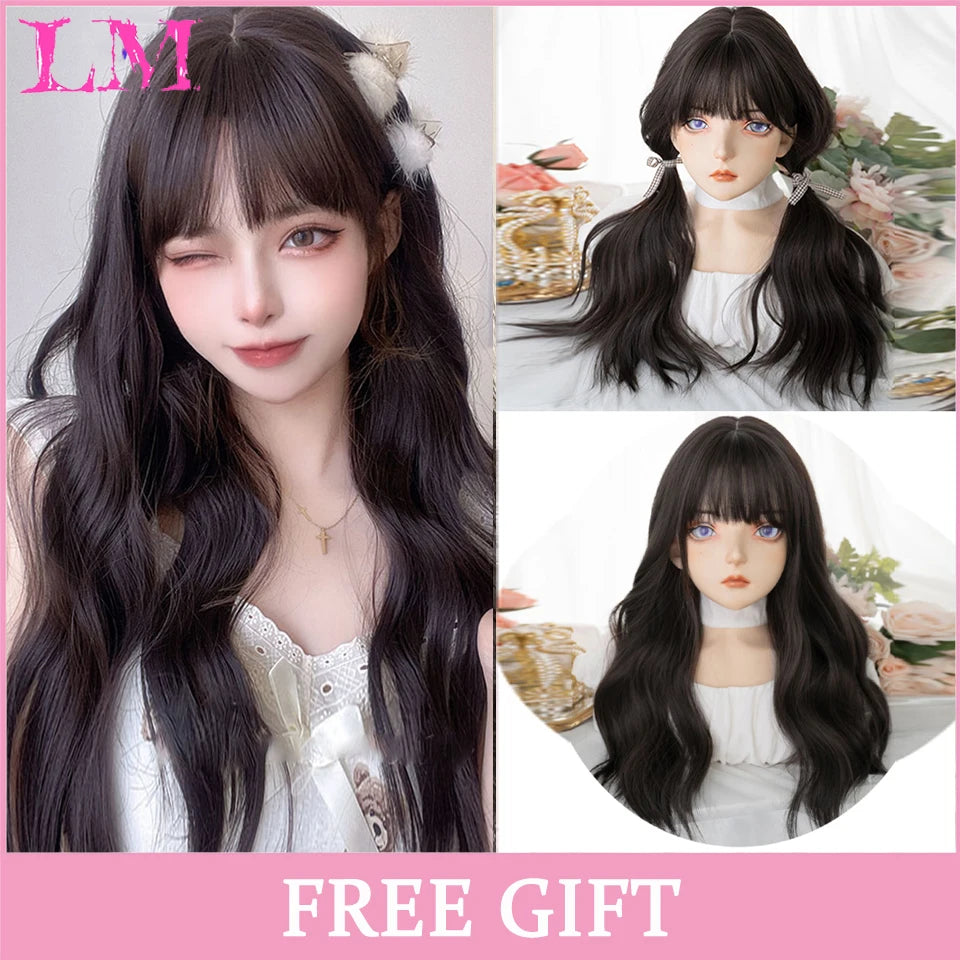 LM Long Silky Straight Synthetic Wigs with Bangs Black Cosplay Party Lolita Hair Wigs for Women Natural Heat Resistant Wig P1B 27