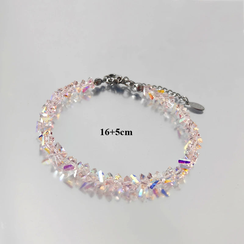 Shiny Transparent Crystal Irregular Beaded Bracelet for Women Korean Mulit-cut Pink Glass Chain on the Hand Jewelry Girls Gifts Pink Short