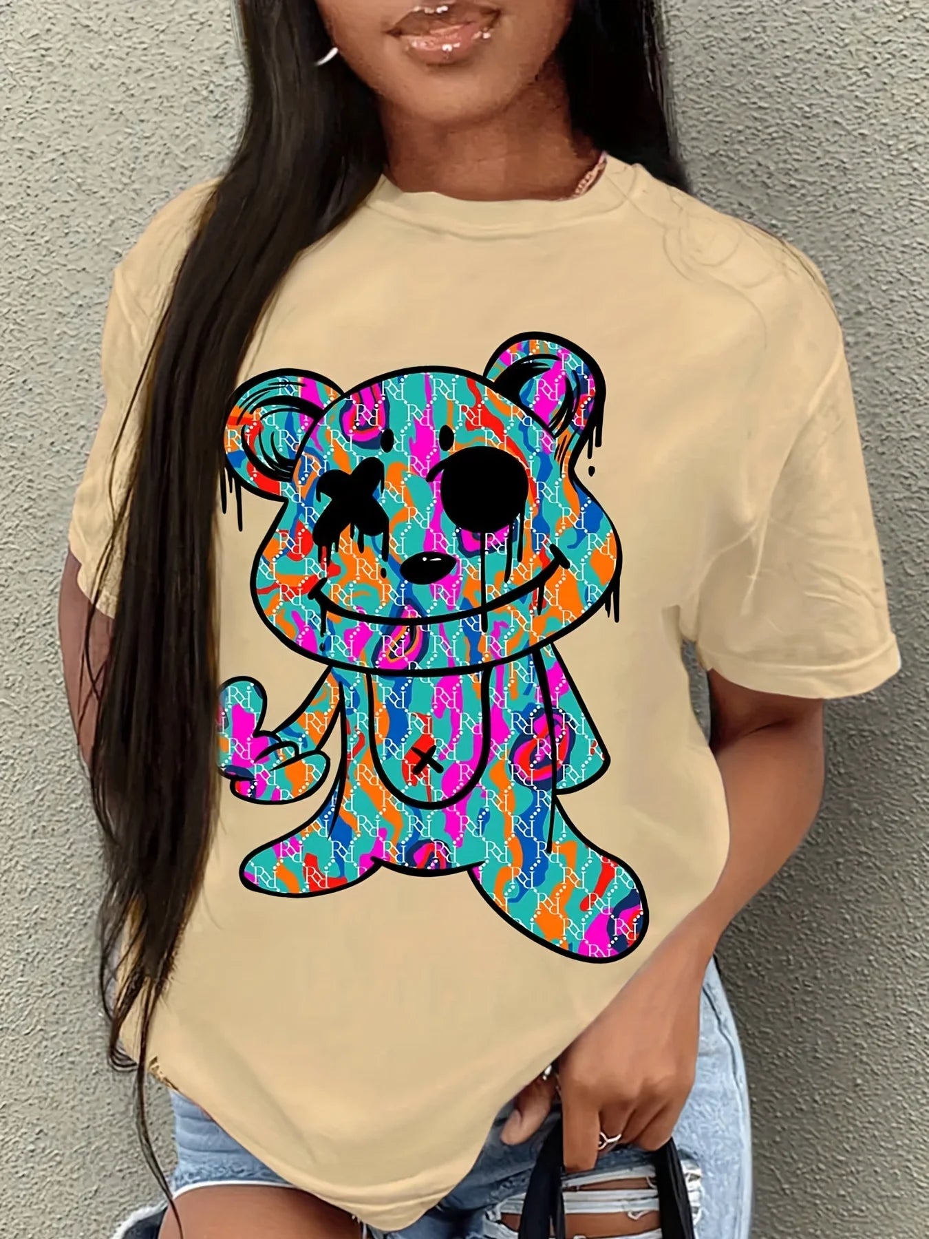 Plus Size Women's Cartoon Rabbit Print T-shirt, Casual Crew Neck Short Sleeve Summer T-shirt, Ladies Cute O-Neck Clothing T1223-027