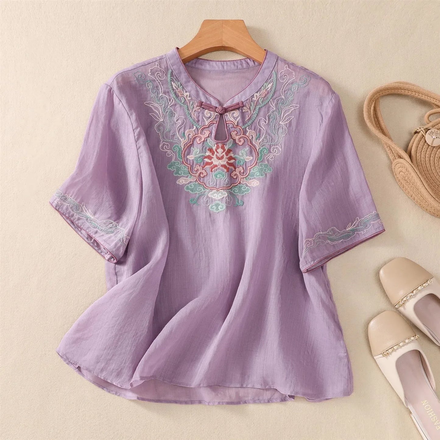 Thin Streetwear Vintage Clothes Ethnic Style Cotton Linen Shirts for Women Clothing Top Tshirt Tees Fashion Casual Embroidery Purple-C