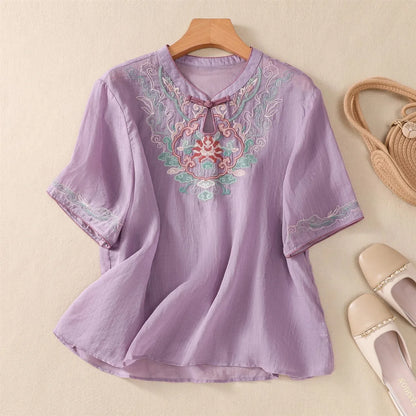 Thin Streetwear Vintage Clothes Ethnic Style Cotton Linen Shirts for Women Clothing Top Tshirt Tees Fashion Casual Embroidery Purple-C
