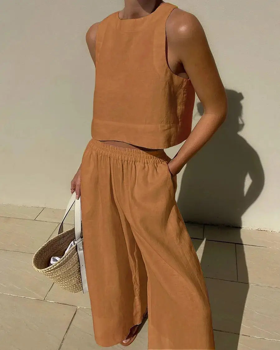 Women's Solid Color Casual Sleeveless Shirt And Pants Two Piece Summer Loose Simple Wide Leg Pants Vest Female 2025